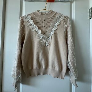 Elegant Lace Trim Beige Sweater - French baroque style